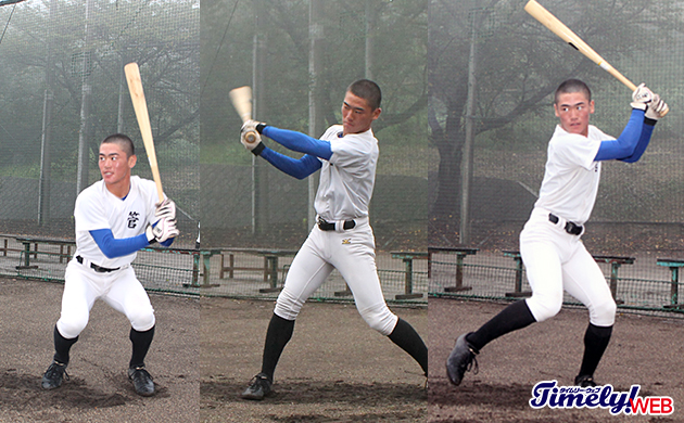 ７種類のティーバッティングに取組んでいる明豊高校野球部の選手たち