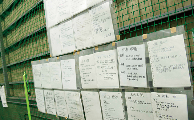 室内練習場の中に貼られた長野高校野球部選手個人個人の目標シート