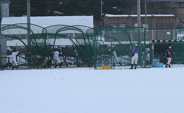 １１ｍの距離で行う盛岡大付野球部の冬場のバッティング練習
